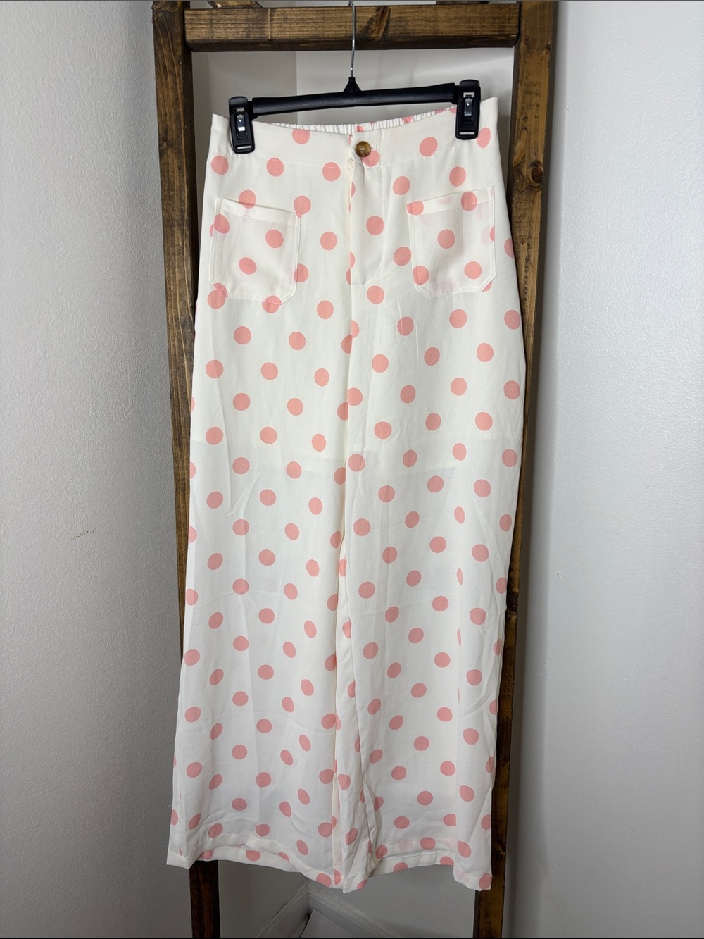 Women's Cream Polyester Pink Polka Dot Pants - Size S
